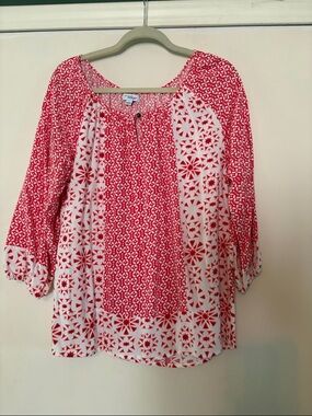 Coral and White Patterned Peasant Tunic